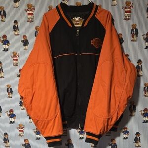 Vintage Harley-Davidson Black and Orange Quilted Bomber Moto Jacket XXL